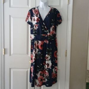 Ouges navy floral print v neck midi dress with pockets Sz XXXL NWOT